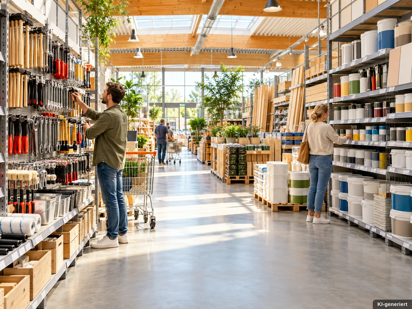 lauenburger-baumarkt-hero-markt Heller Verkaufsraum eines Baumarkts mit Werkzeug und Farben